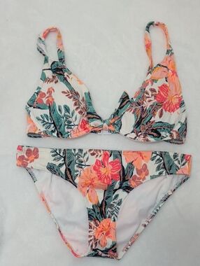Roxy White Floral Bikini Bottom with Pink, Orange and Green Leaves